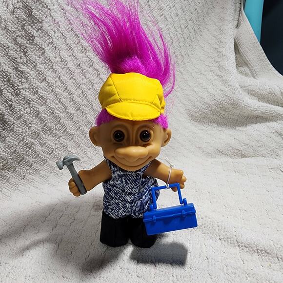 Vintage Russ Troll Doll Construction Worker 5" Fuscia Hair Hammer Original - Picture 1 of 3